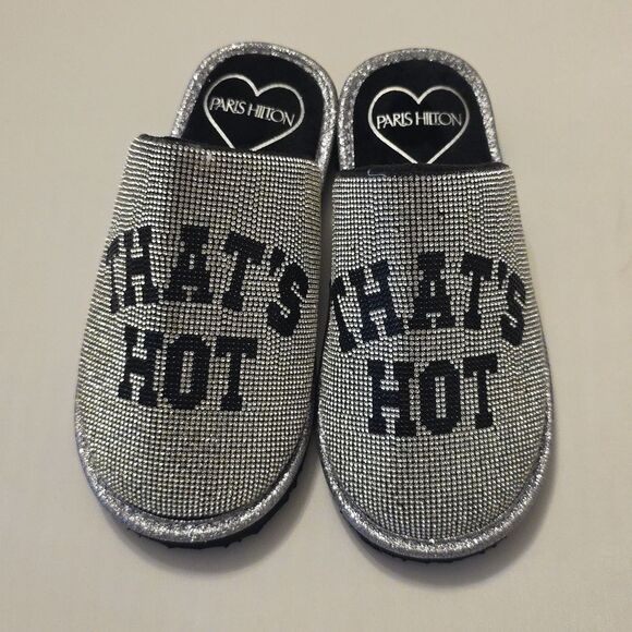 BRAND NEW PARIS HILTON SLIVING  GLITTER RHINESTONE SLIPPERS  THAT's HOT WRITING - Picture 2 of 16